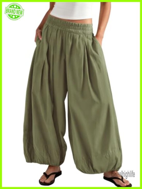 Pants - Wide Leg Balloon Pants with Side Pockets Elastic High Waist Travel
